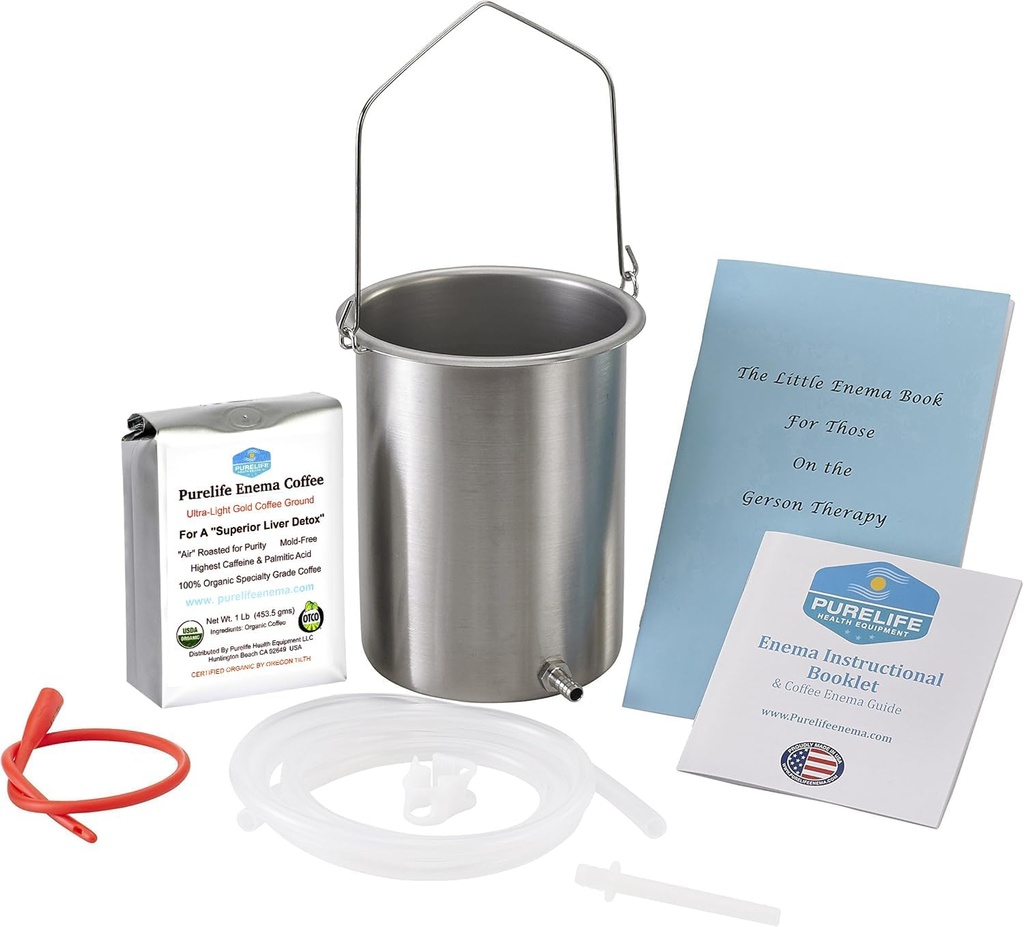 Purelife Detox Coffee Enema Kit - Hecho en EE.UU. - 2 Qt / Superior Non Toxic Made in USA Calidad / 1 lb Purelife Ultra Light Gold Enema Coffee - Lab Tested with no mycotoxins- Silicone Tubing
