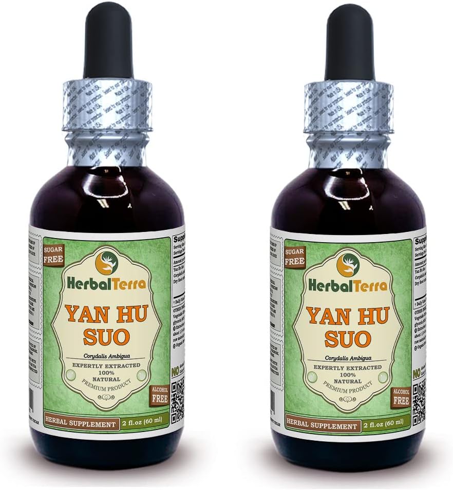 Yan Hu SUO (Corydalis Ambigua) Glycerite, Roots secos Extracto líquido libre de alcohol (Marca: HerbalTerra, Proudly Made in USA) 2x2 fl.oz (2x60 ml)