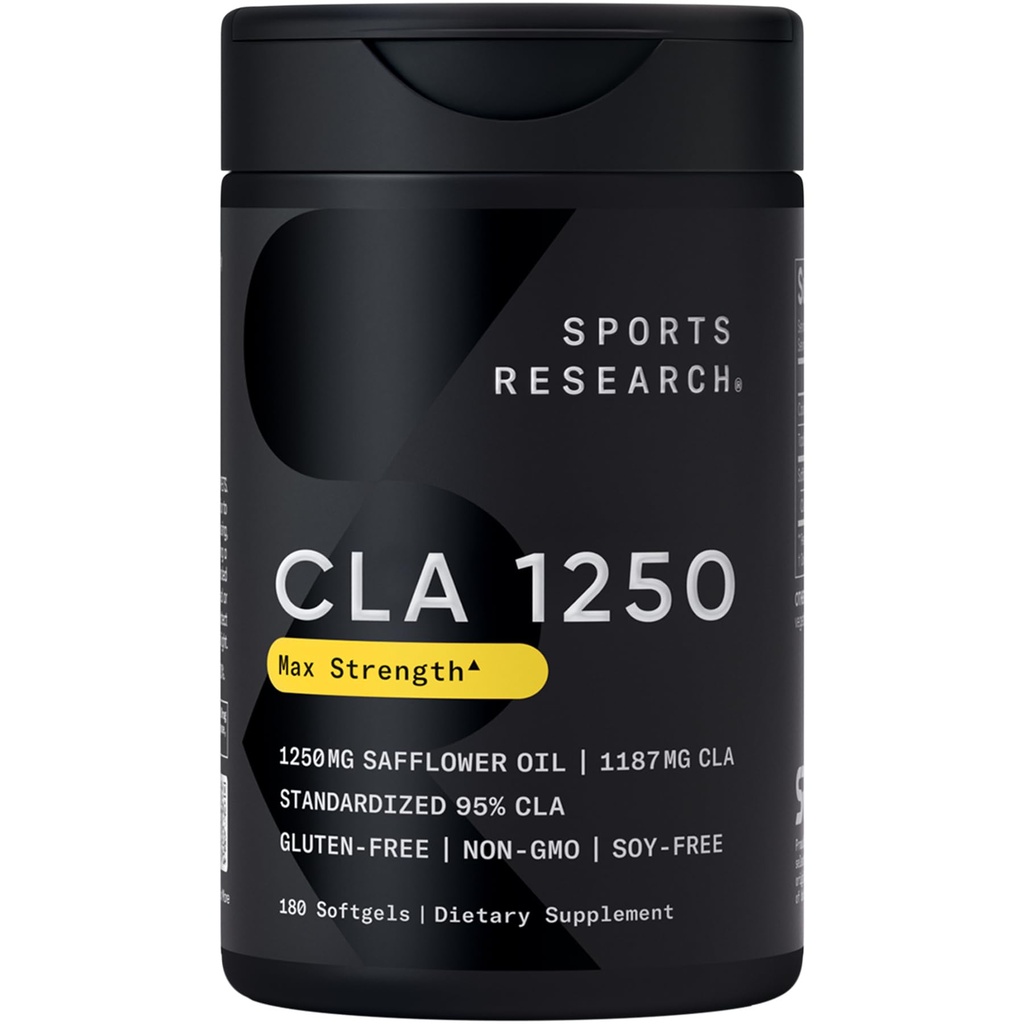 Sports Research CLA - 1250mg con ácido linoléico conjugado activo para hombres y mujeres ← No GMO, Soy &amp; Gluten Gratis - 95% (180 Softgels)...