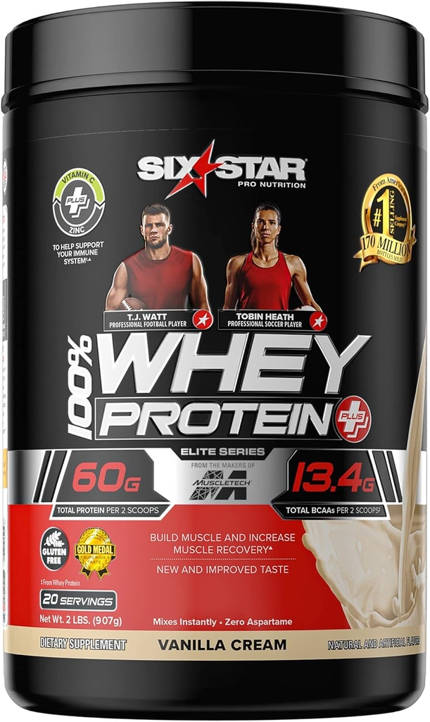 Whey Protein Powder + Immune Support ← Six Star Whey Protein Plus ← Whey Protein Isolate " Peptides + Muscle Builder ← Lean Protein Powder for Muscle Gain " Recovery  durable Vanilla, 2 lbs