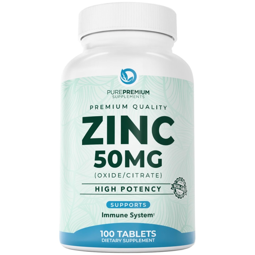 PuroPremium Natural Zinc 50mg Suplementos para Hombres/Mujeres - GMP-Certified High Potency Vitamin Zinc Citrate/Oxido para Adultos, Immune Antioxidante, Energy Support - 100 Tablets