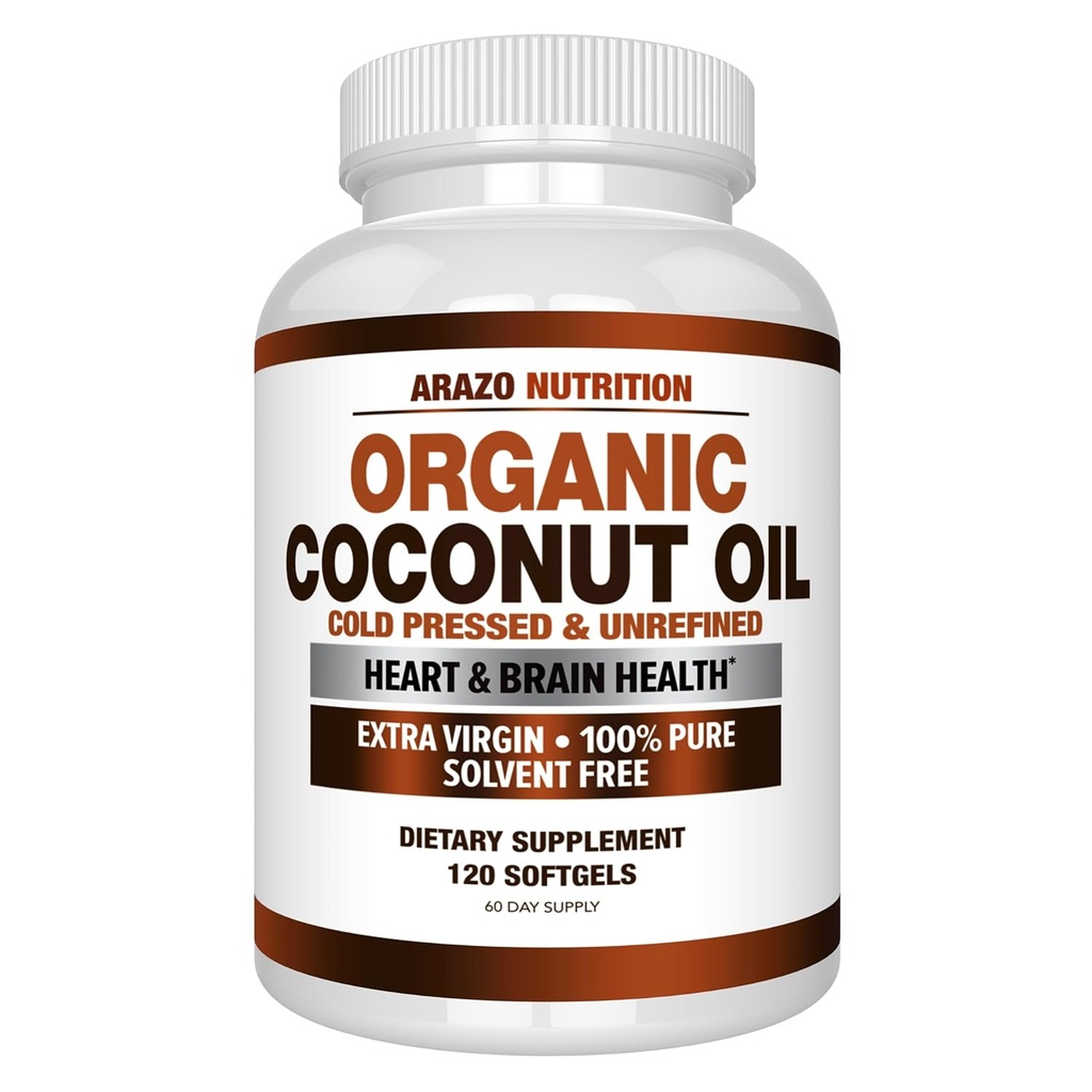 Arazo Nutrition Aceite de coco orgánico 2000 MG - 100% virgen extra Cold sin refinar Presionado para soporte de peso, piel, cabello, uñas - 120 cápsulas de Softgel