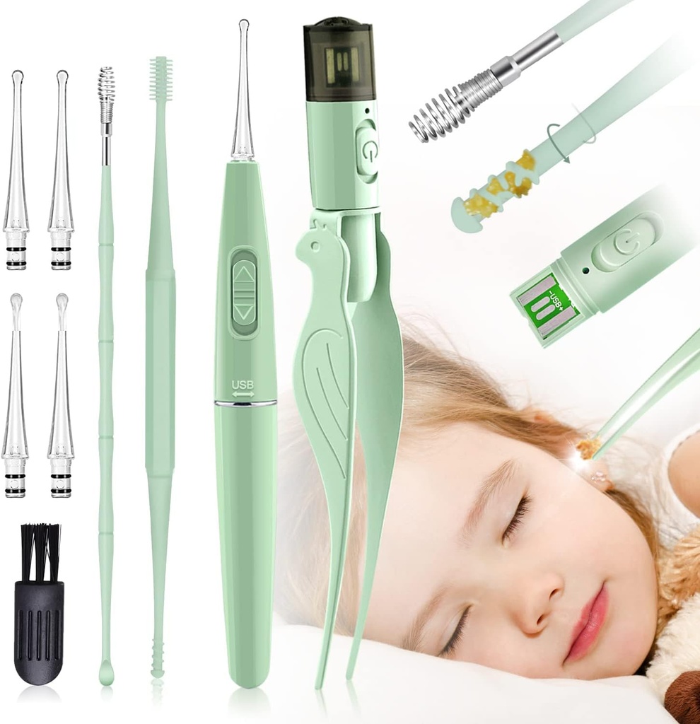 Herramientas de eliminación de la cera del oído, 9 herramienta de limpieza del oído,Elija con 2 luces LED,Retirador de la cera del oído USB para niños y adultos