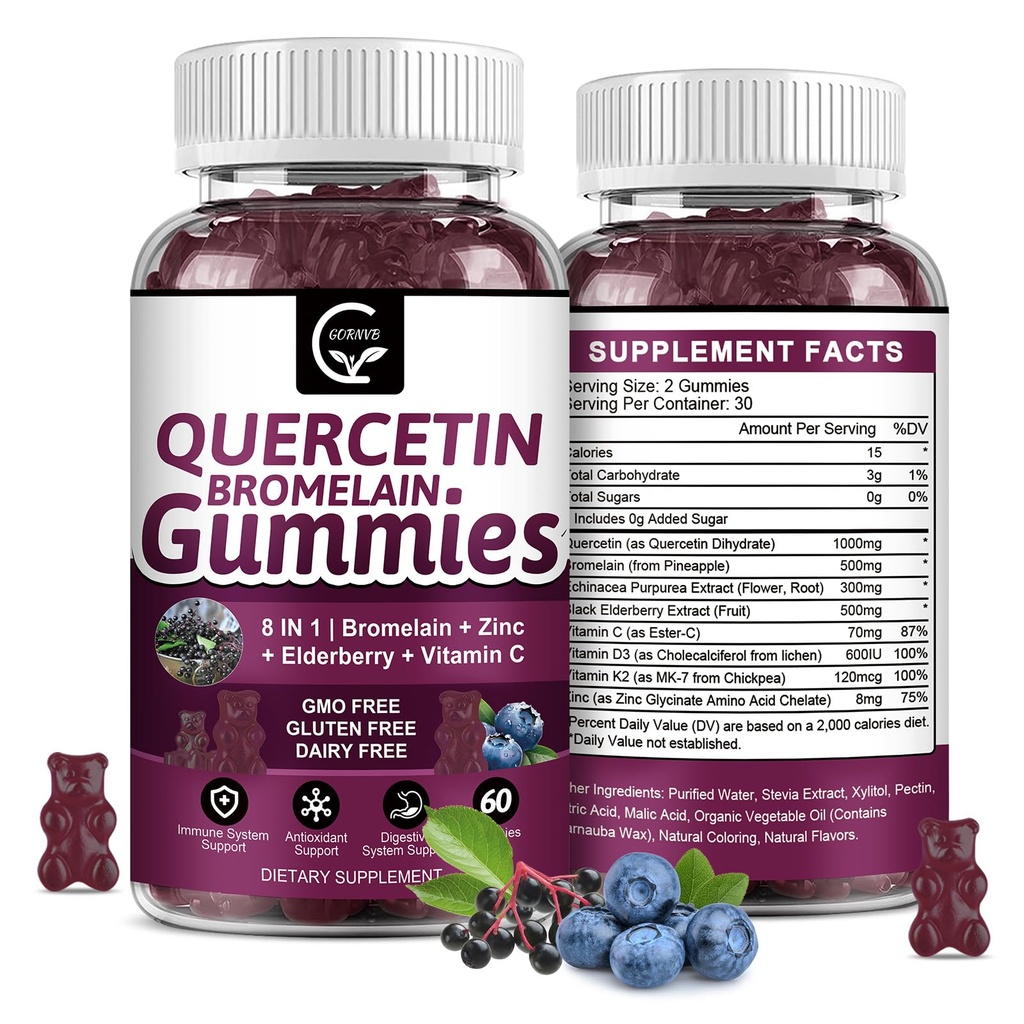 Quercetin Gummies with Bromelain 2378mg - Blend with Elderberry, Echinacea Purpurea Extracto, Zinc, Vitamina C,D3,K2, Complex Supports Immune, Cardiovascular &amp; Respiratory, Vegan Gummy for Adult &amp; Kid