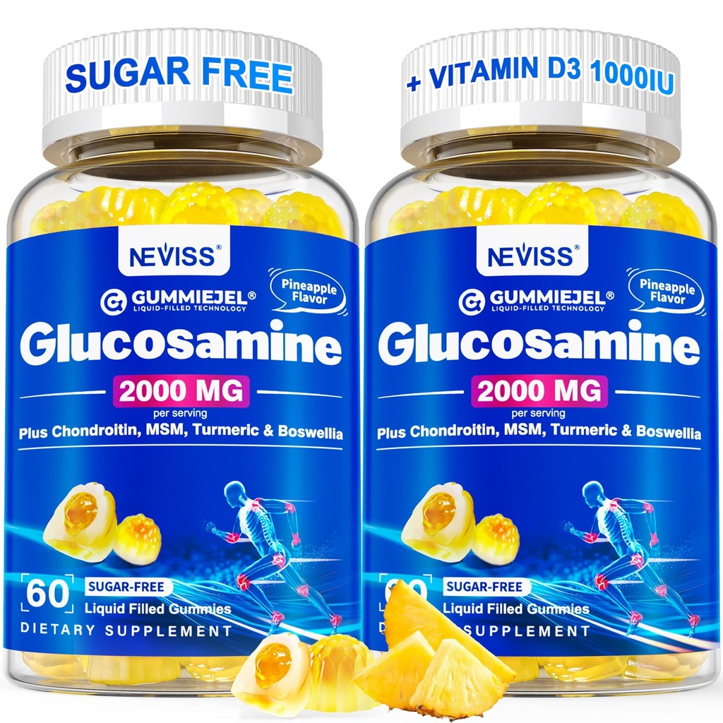Glucosamina sin azúcar Gummies llenas - Glucosamine Suplemento Plus Condroitina, MSM, Turmérica, Boswellia, Ácido Hialurónico, Vitamina D3 &amp; Zinc, 120 Gummies, 60 Serviciones