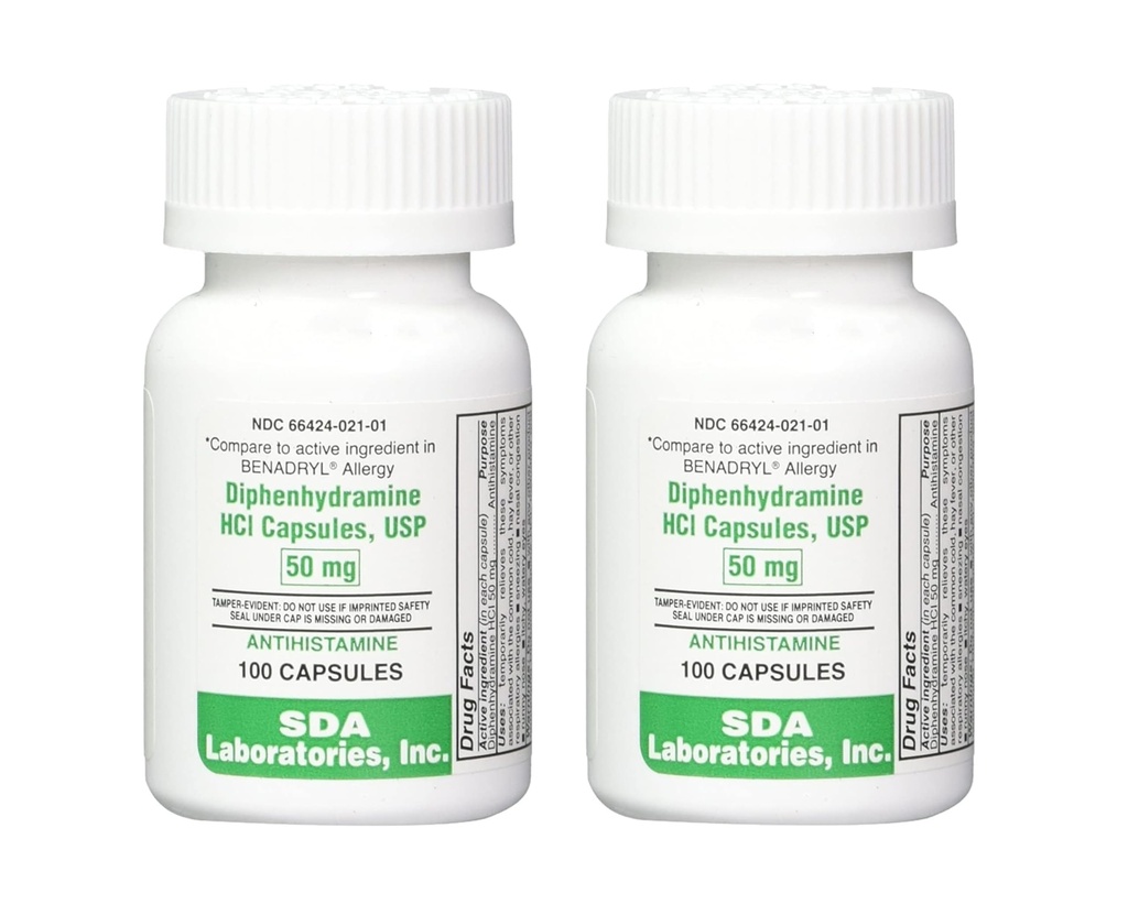 SDA LABORATORIES Diphenhydramine 50mg, Alivio de la Alergia, Capsules Antihistamínicos, Fórmula de acción rápida para el estornudo, Runny Nose & Itchy Eyes – 100 Conde (2 Pack)