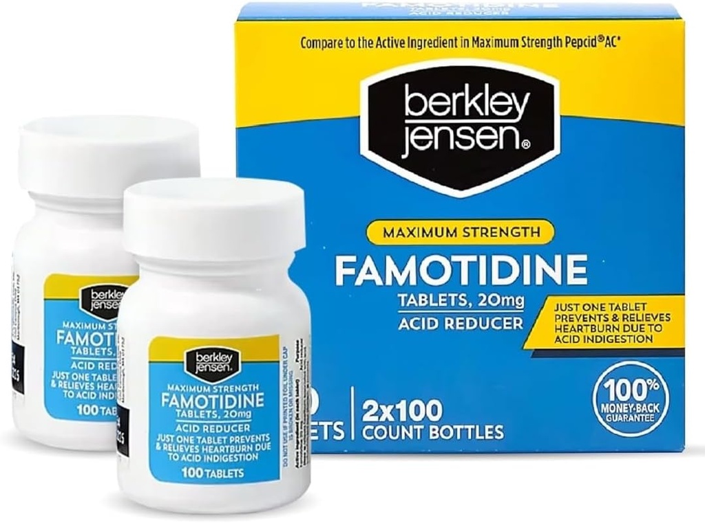 berkley jensen Maximum Strength Famotidine 20 mg - (200 Conde), Acid Reducer Tablets, Alivios Meal-Induced Heartburn & Acid Indigestion Symptoms, All-Day Heartburn Prevention & Relief