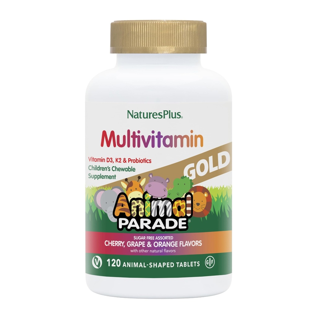 Natures Plus Animal Parade Gold Children's Multivitamin - Cereza surtida, Orange &amp; Grape Flavors - 120 Chewable Animal-Shaped Tablets - Vegetariano, Gluten Gratis - 60 Servings