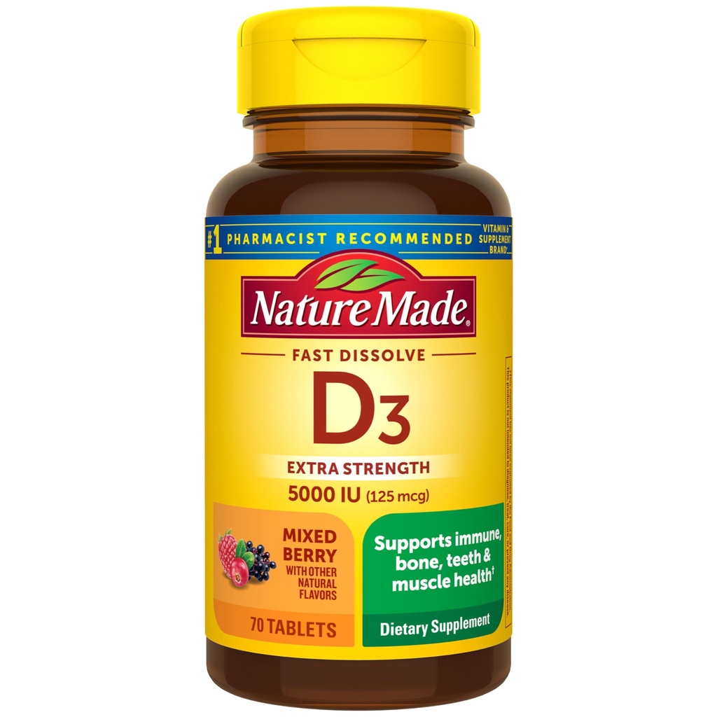 Natural Made Vitamina D3 5000 UI (125 mcg) Extra Strength, Vitamina D Suplemento para Immune Support, 70 Sugar Free Fast Dissolve Tablets, 70 Day Supply