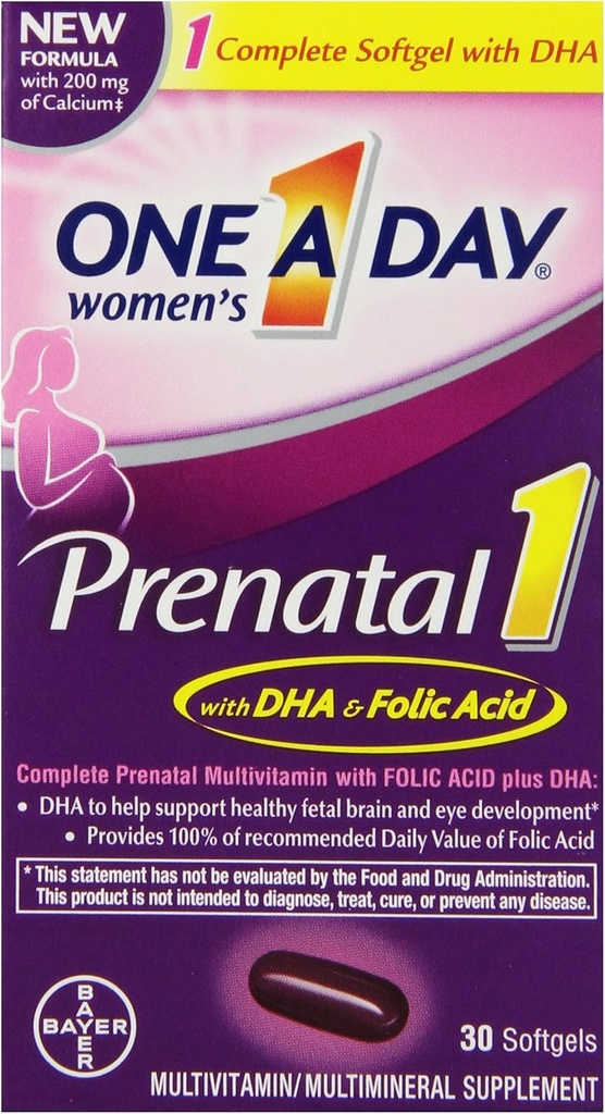 1 Día A Mujer Prenatal 1 Multivitamina, Suplemento para Antes, Durante y Embarazo Post, incluyendo Vitaminas A, C, D, E, B6, B12 y Omega-3 DHA, 30 Conde