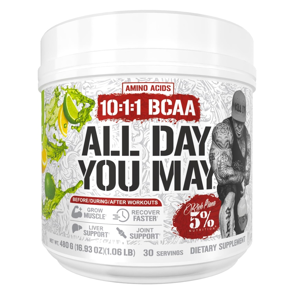 5% Nutrición Rich Piana AllDayYouMay BCAA Powder ← Premium Intra " Post Workout Aminoácidos, Hidratación, Resistencia, Recuperación del Musculo, Apoyo Conjunto " Liver TEN 15.3 oz, 30 Servings (Lime Límona)