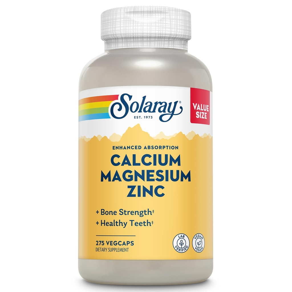 SOLARAY Calcio Magnesio Zinc Suplemento - con Calcio 1000mg, Magnesio 500mg - Hueso Salud, Función Musculo, Salud del Corazón y Soporte Inmunitario - Vegan, 60 Días Garantía, 68 Servimientos, 275 VegCaps