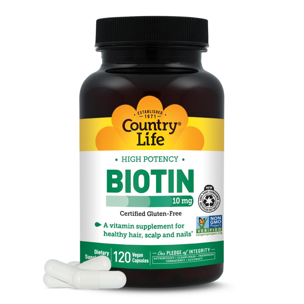 Country Life Biotina de alta potencia 10mg - Suplemento de biotina sin gluten para la piel " uñas, metabolismo energético - Biotina 10000mcg cápsulas