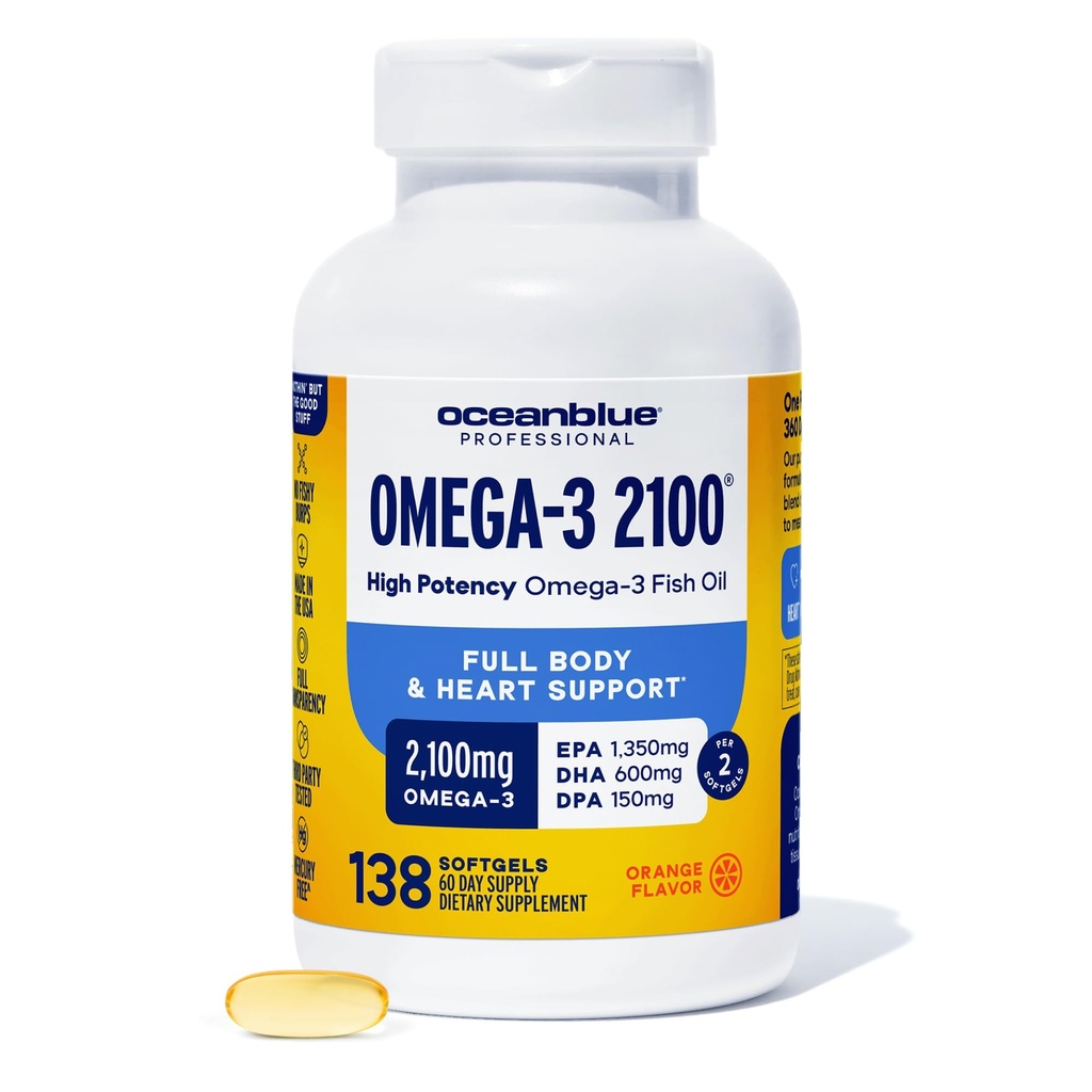Oceanblue Professional Triple Strength Omega DPA Fish Oil Supplements 2100mg, High Potency EPA DHA, Wild Caught, Burpless, 69 Servings (138 Conde Natural Orange Flavor)