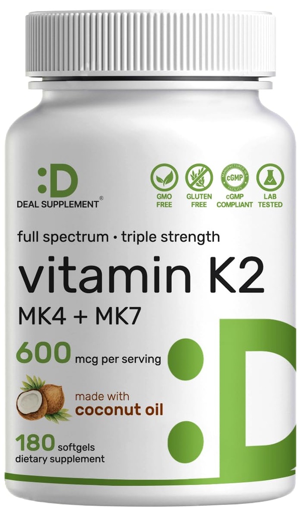 SUPLEMENTO DEAL Vitamina K2 Suplemento 600mcg, 180 Aceite de coco Softgels ← Full Spectrum High Absorption MK-7 &amp; MK-4 Forms peru Bone, Joint, &amp; Immune Support – Non-GMO