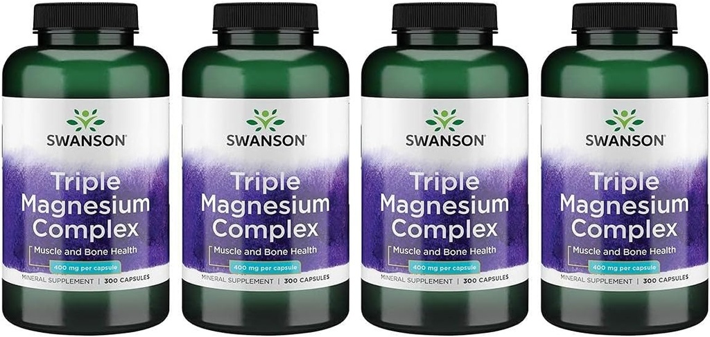 Complejo de Magnesio Triple Swanson - Suplemento Mineral - Soporte Natural - Destacando Citrato, Oxido &amp; Aspartate - (300 cápsulas, 400 mg cada uno, 4 paquete)