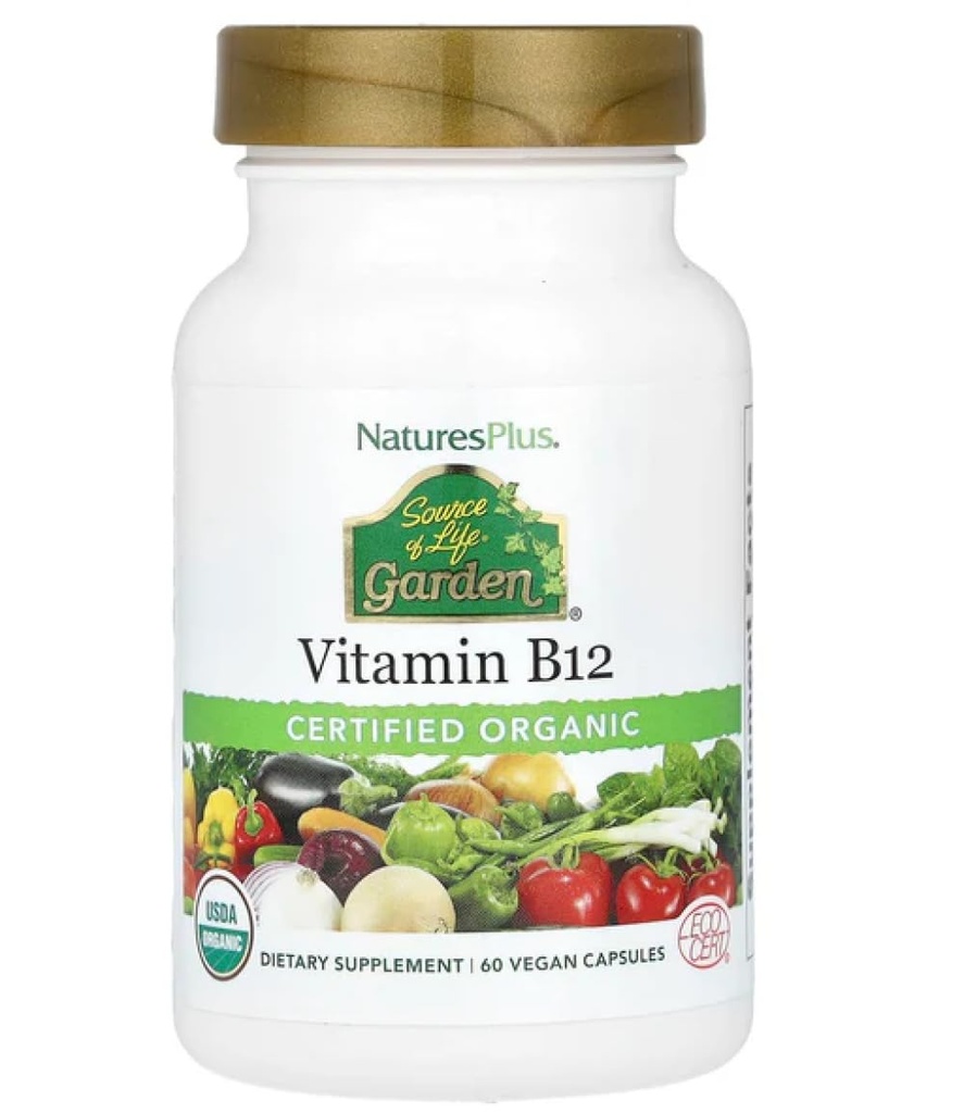 Naturalezas Plus Fuente de Jardín de Vida Certificada Vitamina Orgánica B12-1000 mcg metilcobalamina, 60 cápsulas veganos - Suplemento de vitamina B12 entera - Boost de energía - Vegetariano, libre de gluten - 30 servicios
