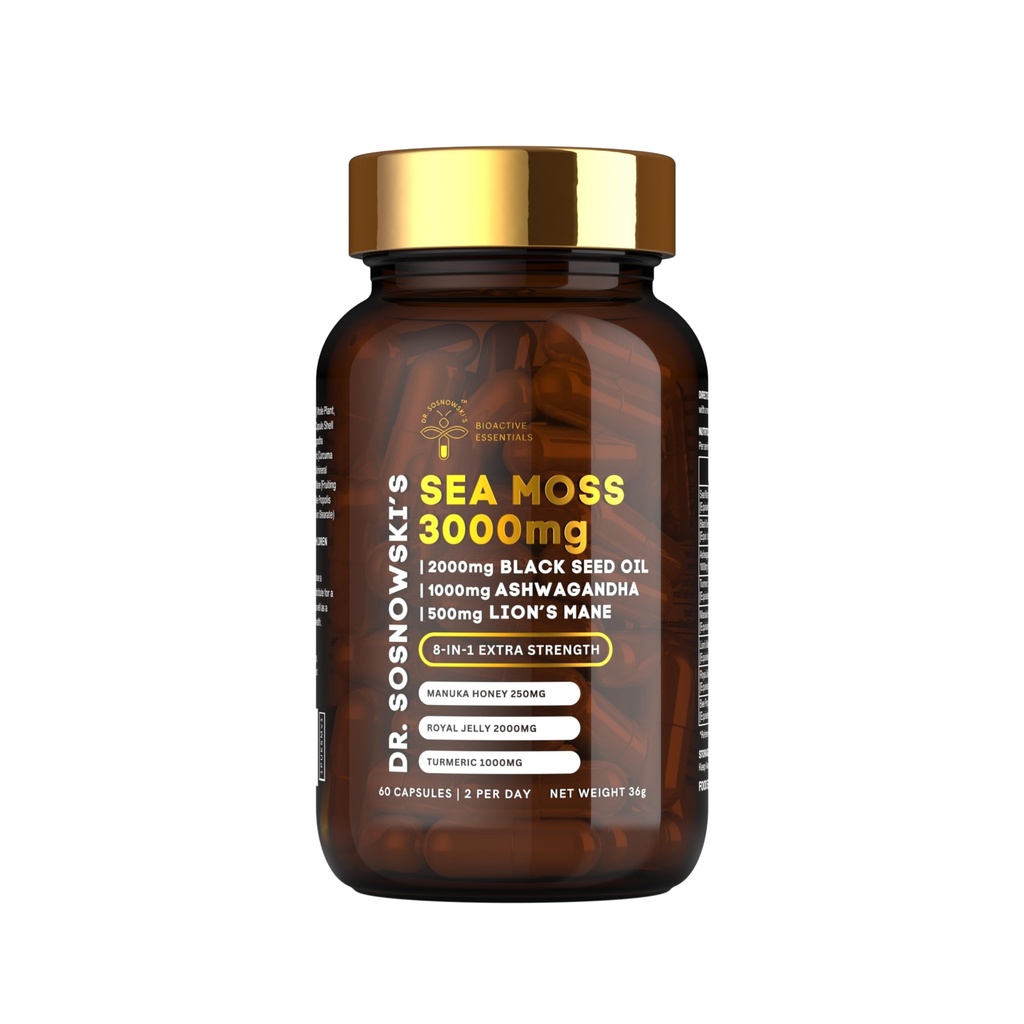 Moss del Mar BioActivo del Dr. Sosnowski  8-in-1 Fórmula Enriquecida con Semilla Negra, Ashwagandha, Turmeric, Manuka Honey, Lion's Mane, Royal Jelly, Bee Propolis Extract