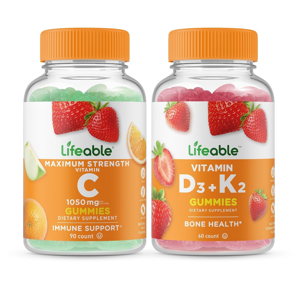 Vitamina vital C 1050mg + Vitamina D3 + Vitamina K2, Gummies Bundle - Gran Tasting, Suplemento de vitamina, Gluten Gratis, GMO Gratis, Gummy Chewable