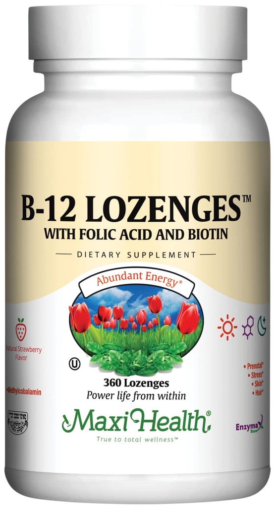 Maxi Health Vitamin B12 Lozenges with Folic Acid and Biotin - Sublingual B12 Vitaminas Strawberry Flavor - Vegetarian Kosher B 12 Vitamina para la Producción y Energía de Celdas Rojas (360 Cuenta)