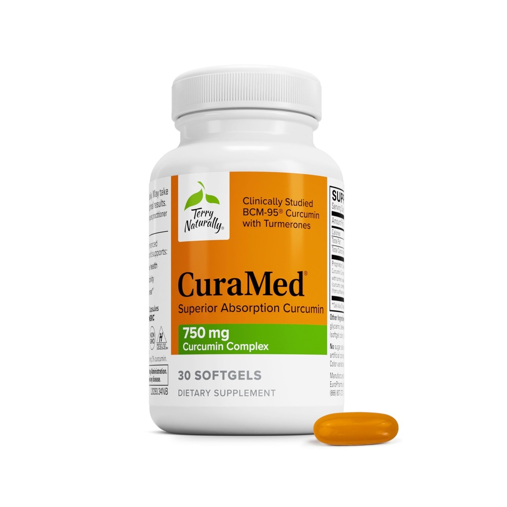 Terry Naturalmente CuraMed 750mg - Suplemento Antioxidante para la salud del cerebro - Suplemento dietético con Complejo de Curcumina de alta potencia - Kidney, Liver &amp; Immune Health Support - 30 Softgels