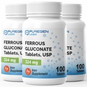 Puregen Labs Ferrous Gluconate 324 mg [High Potency] Iron Supplement, Gentle on Stomach ← 3 Pack - 300 Tablets Total
