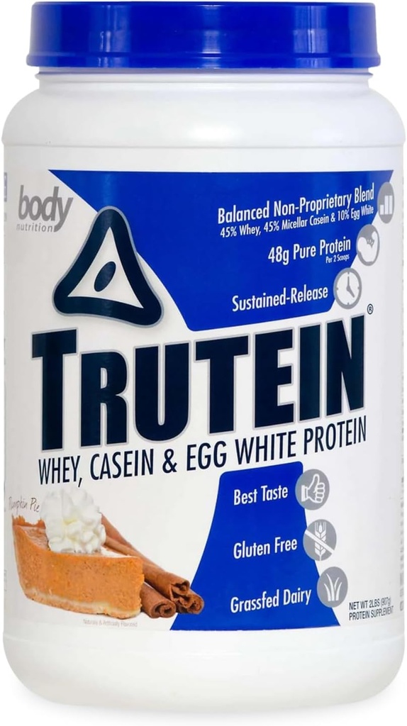 Nutrición corporal Trutein High Protein Powder: 45% Whey, 45% Casein, 10% Egg White, Gluten-Free, Low Sodium, Grass Fed Whey Protein Powder, Gym Suplemento &amp; Breakfast Shake, Pumpkin Pie, 2lb
