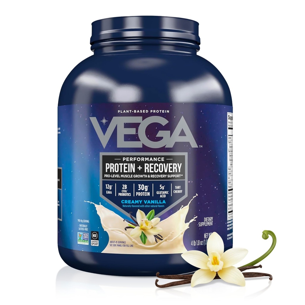 Vega Sport Vegan Protein Powder + Recuperación - 30g Proteína basada en la planta por Serving, Vanilla, 45 Servimientos, 5g BCAAs, Probióticos, NSF certificado, Para Shakes & Smoothies, 4.1lbs (Paquete May Vary)