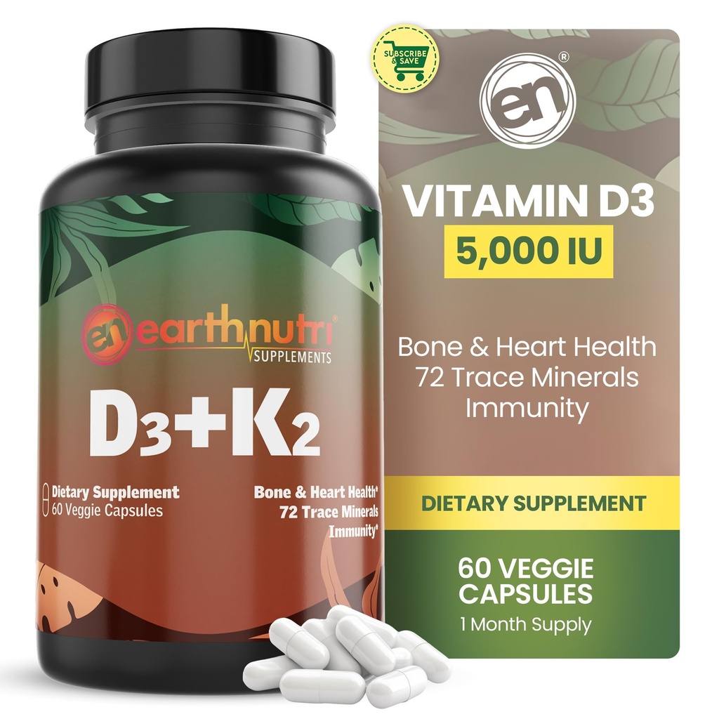 EarthNutri Vitamina D3 K2 Suplemento 5000 UI – Incluye K2 de MENA Q7, D3 de Vitashine, Calcio de Aquamin & 72 Trace Minerals – para Immune, Bone & Heart Health – Non-GMO – 60 Veg Capsules