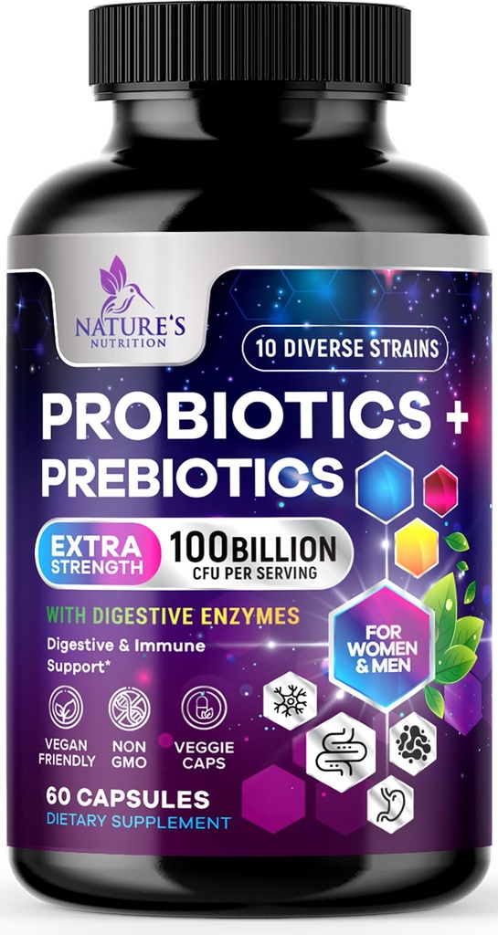 Probióticos para Mujeres y Hombres 60 Billones CFU - 10 Strains with Lactobacillus, Digestive Gut Health Probiotics &amp; Immune Support Supplement, Supports Occasional Constipation, Gas &amp; Bloating - 60 cápsulas