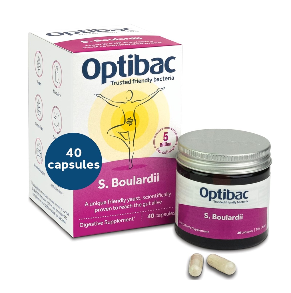 Optibac Probiotics Saccharomyces Boulardii - Vegan Scientifically Provenido Suplemento Probiótico, 5 Billones CFU - 40 cápsulas