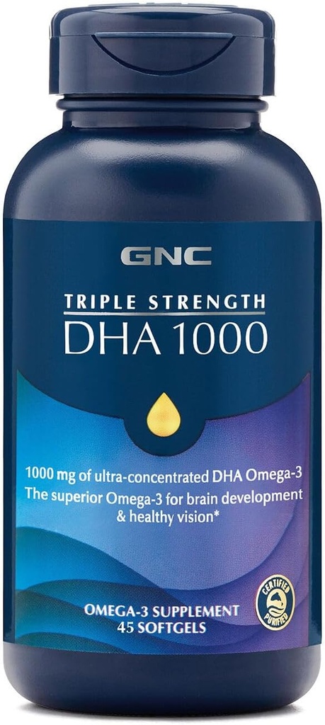 GNC triple fuerza DHA 1000 Omega 3 Suplemento, 1000 mg DHA, apoya el desarrollo del cerebro y la visión saludable, 45 Softgels