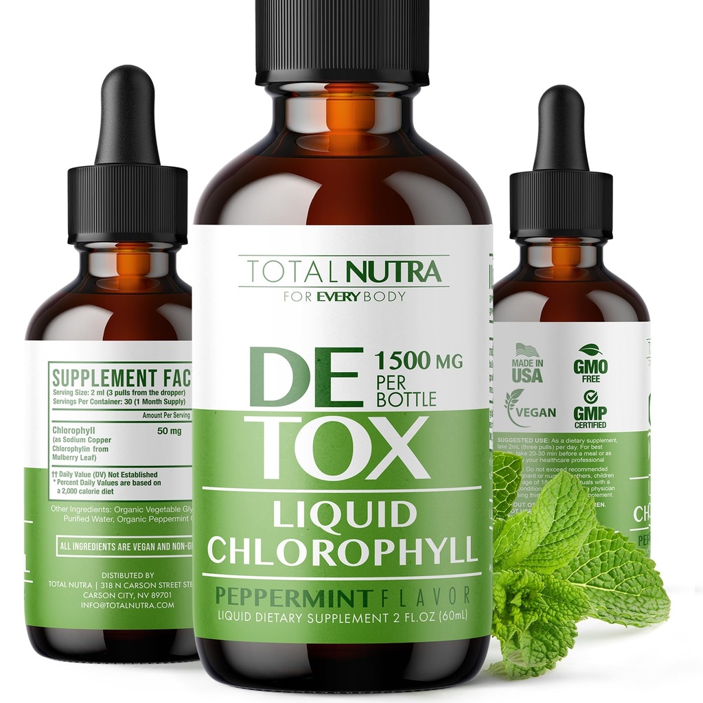 Liquid Chlorophyll Drops 50mg: Vegan Chlorophyll Liquid Drops for Natural Energy Boost, Immune Support, Body Detox for Skin Care, Internal Deodorant ← Mint Flavor, Non-GMO, Gluten Free Total Nutra 2oz