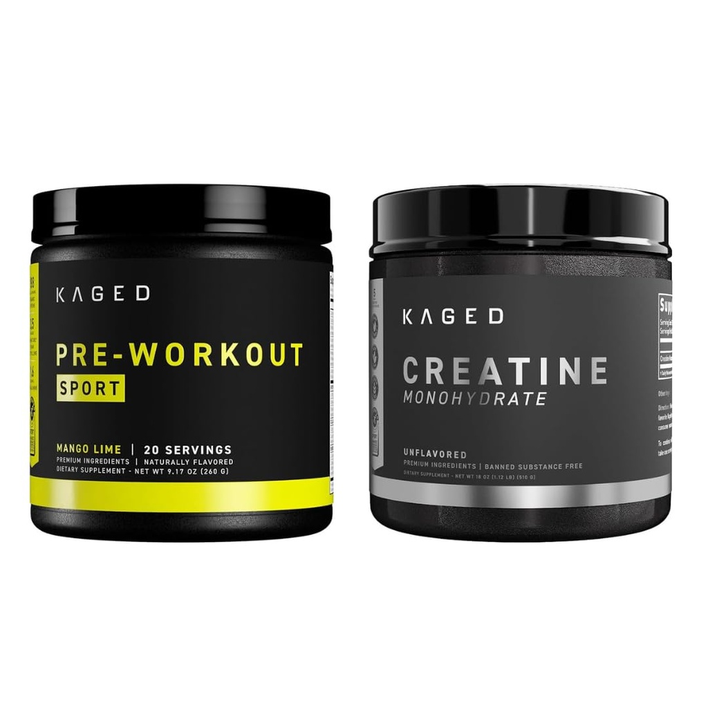 Kaged Pre Sport Pre Workout Powder Mango Lime Creatine Monohydrate Micronized Powder Bundle, Energy &amp; Muscle Recovery Supplement Pack, 20 Servings Pre-Workout + 100 Servings Creatine