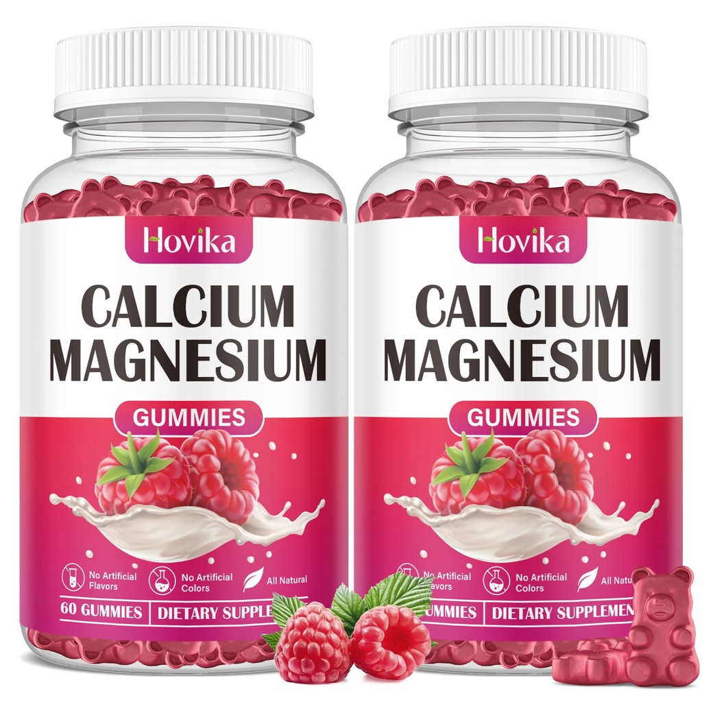 Magnesio de calcio Magnesio de Zinc Gummies-Calcium 2:1 Ratio con vitamina D3, K2, B6, B12 para fuerza ósea, función muscular " Nerve Health, Fórmula de absorción extra, Vegan, sabor a frambuesa 120 Gummies