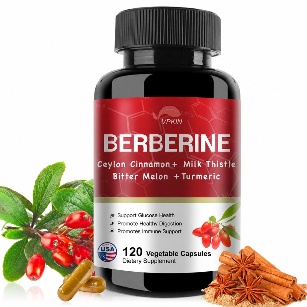 Suplemento de Berberina 19,060mg,Berberina con canela de Ceylán,Melón de Bitter, Thistle de Milk,Suplemento de HCl de Berberina(120 cápsulas)