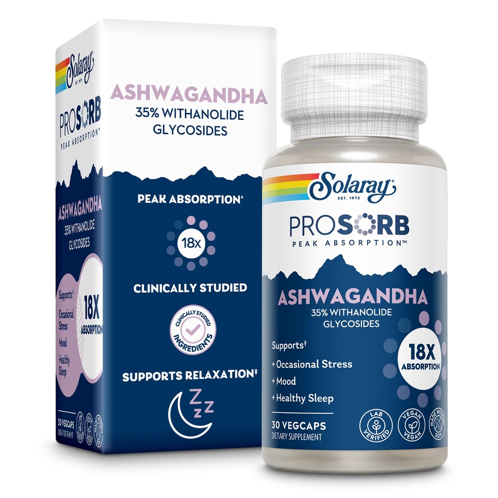 SOLARAY Ashwagandha Capsules 18X Absorción - Ashwagandha Root and Leaf Extract 240 mg - Occasional Stress Relief and Mood Support Supplement - Vegan, 60-Day Guarantee - 30 Servings, 30 VegCaps
