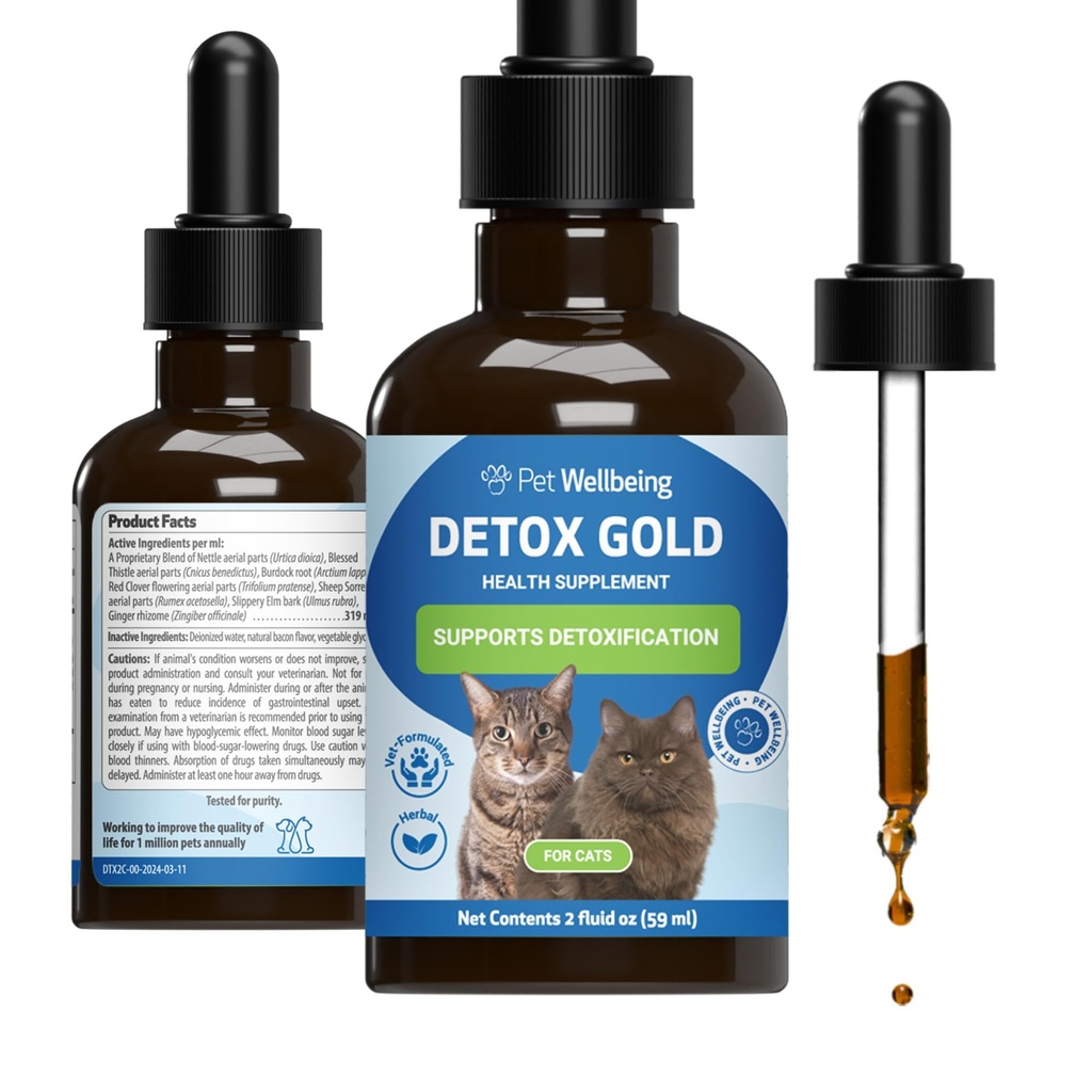 Pet Wellbeing Detox Gold for Cats - Gentle Detoxification & Elimination Support, Immune System Care, Nettle, Beat Thistle, Burdock Root - Veterinarian-Formulated Herbal Suplemento 2 oz (59 ml)