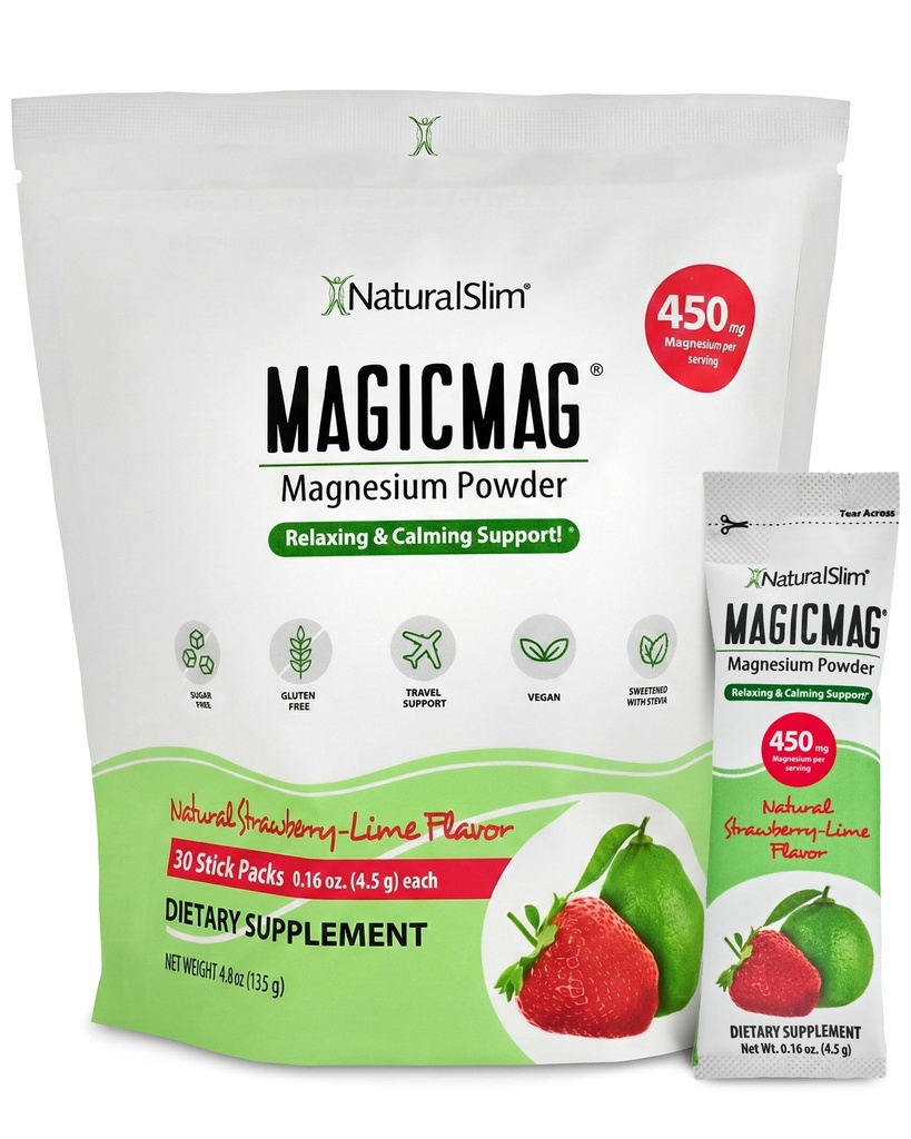 NaturalSlim MagicMag Magnesium Packets 30 Stick Pack Magnesium Citrate Powder – Estrés, Estreñimiento, Muscle, Heart Health y Sleep Support ← Natural Strawberry & Lime Flavored Magnesium Supplement