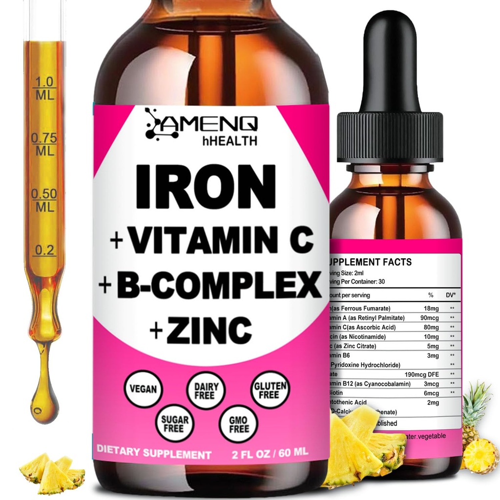 Suplemento de Hierro para Mujeres Hombres &amp; Niños, Iron Vitamina C, A, B-Complex, Vegan Iron gota de alta potencia Vitamina líquida &amp; Suplementos de Hierro para Anemia, Célula Roja, Energía, Constructor de Sangre, Gentle