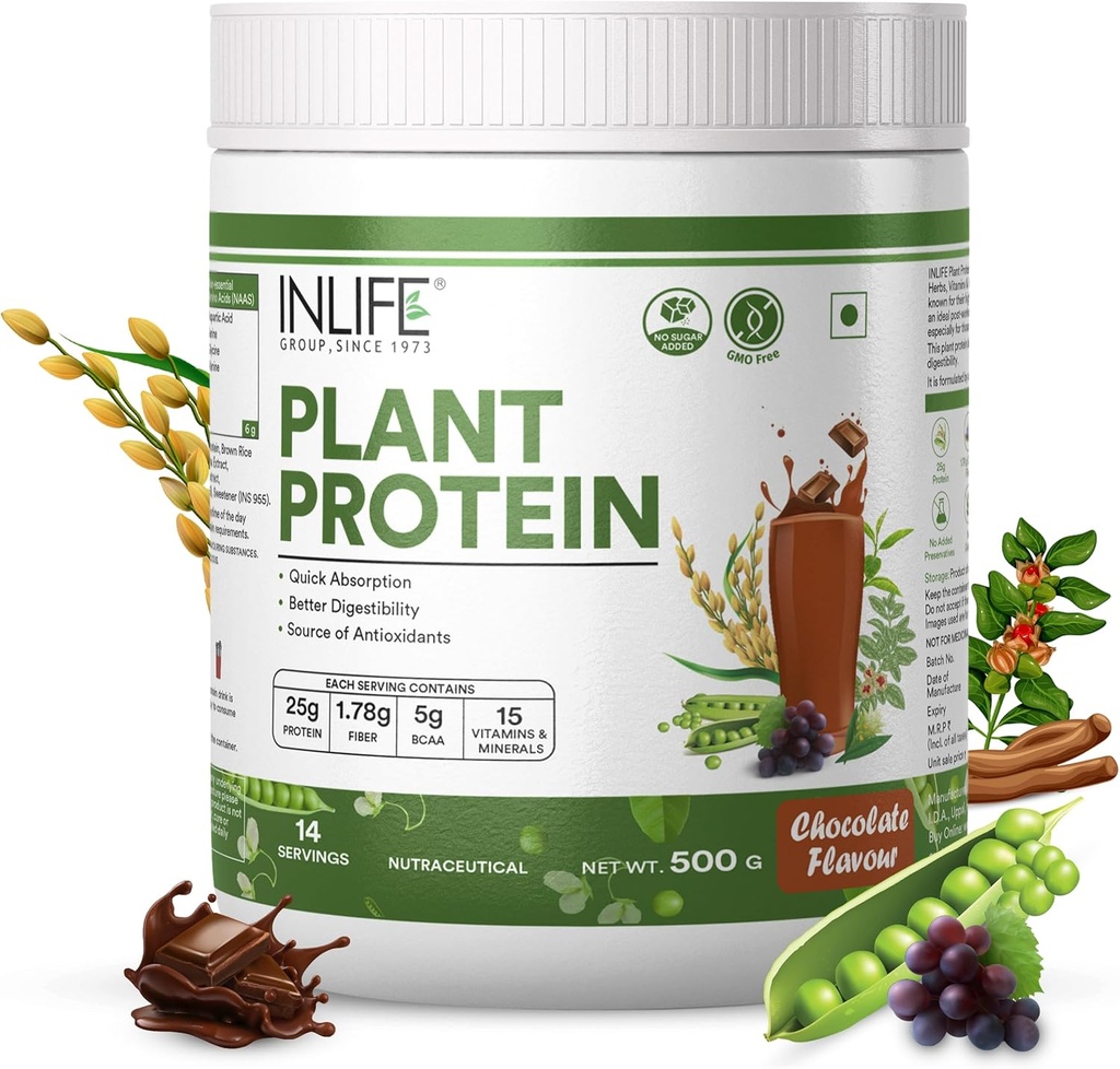 Pólvora de proteína de la planta INLIFE - Pea, Quinoa &amp; Brown Rice - 25g Proteína - Ashwagandha, Té verde &amp; Grape Seed Extracto - Suplemento (500 g, Chocolate)