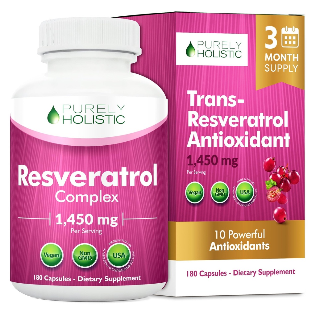 Resveratrol puramente Holístico 1450mg, 90 Servimientos, Suplemento Antioxidante Trans-Resveratrol con Complejo de Vitamina C y Polifenol, 180 cápsulas veganos