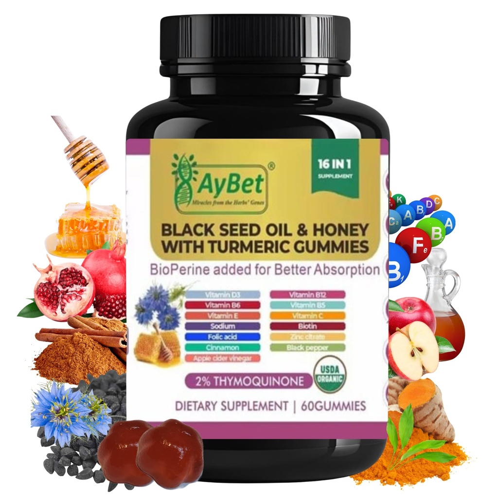 Aceite de semillas negras &amp; miel con gummies turméricas con bioperina, vinagre de manzana, biotina, zinc &amp; vitaminas C D3 B12 – Immune, detox, energía &amp; pelo uñas soporte – 60 Vegan, Halal, Gummies orgánicas