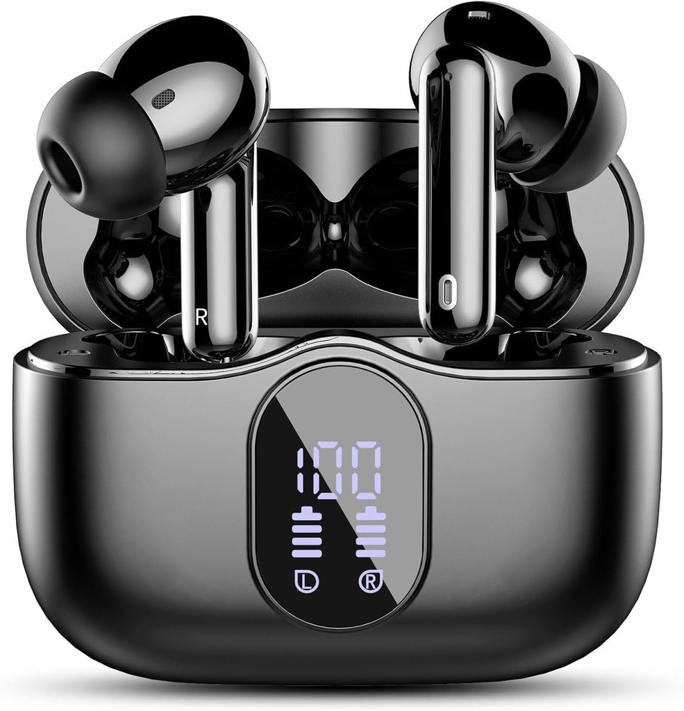 Earbudos inalámbricos, Bluetooth 5.4 Auriculares Bass Stereo, Ear Buds con pantalla LED Mic de cancelación de ruido, IP7 impermeable en auriculares de oído, 36H Tiempo de reproducción para portátiles Ejercicio deportivo, Negro