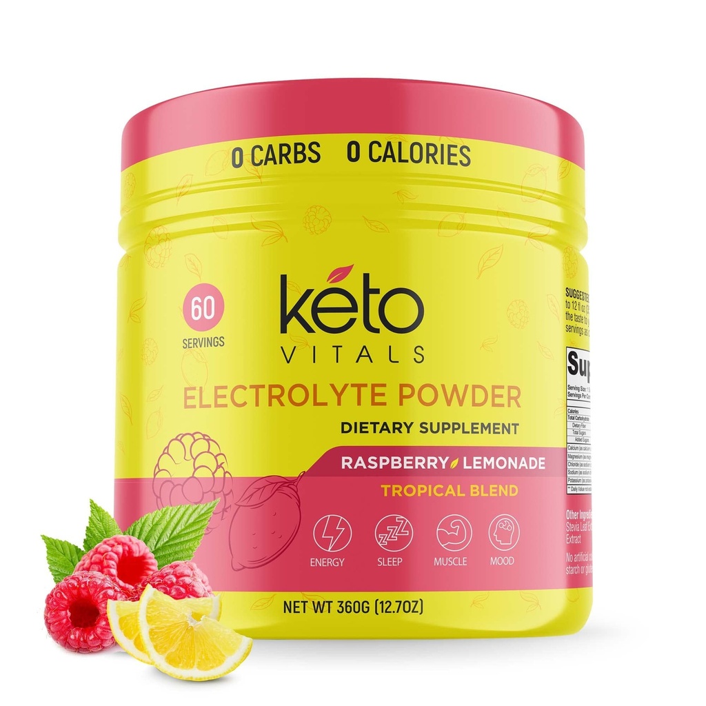 Keto Vitals Electrolytes Polvo - Sugar Free Keto Electrolytes Polvo con Potasio, Magnesio, Sodio, " Calcio - No Sugar Electrolyte Drink Mix " Hydration Powder, 60 Servings, Raspberry Lemonade
