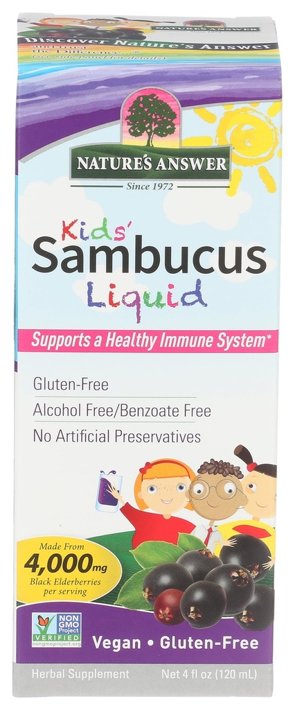 Respuesta de la naturaleza Bioavailable Sambucus Kids Fórmula  4-Fluid Ounces  Kosher Certified Organic Elderberry Syrup ← Gran sabor &amp; libre de gluten ← Suplemento dietético No hay conservadores artificiales (Pack 1)