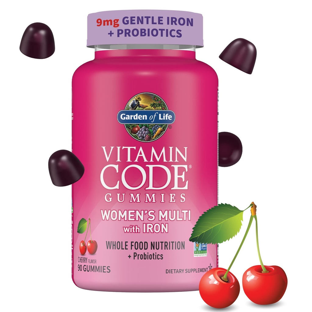 Jardín de la vida Código de vitaminas Gummy multivitamínico femenino con hierro: Folato, Biotina, D3 &amp; B12 para el cabello, pieles &amp; uñas + Probióticos para la salud inmunitaria " , no GMO, libre de gluten, 90 gomas de cereza