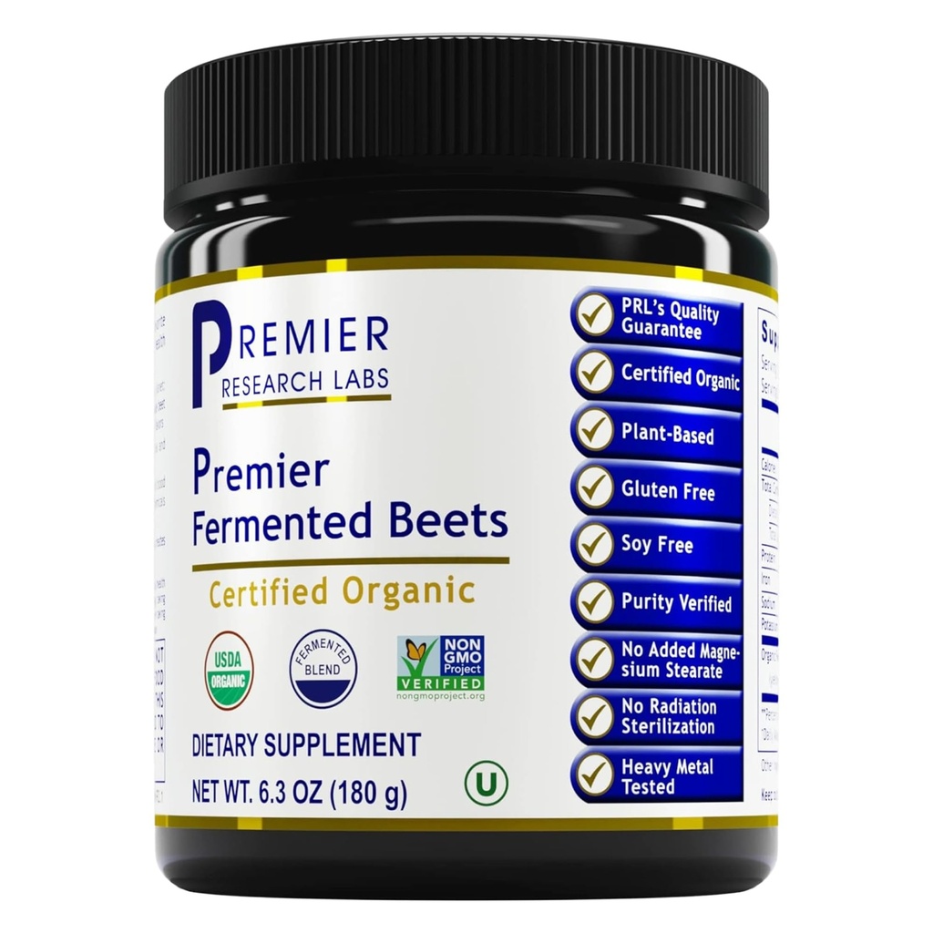 Premier Research Labs Premier Fermented Beets - Beet Root Powder Fermented, Organic Fermented Beets for Men &amp; Women, Beetroot, Nitrates, Blood Pressure Support, USDA Organic - 6.3 Oz Jar