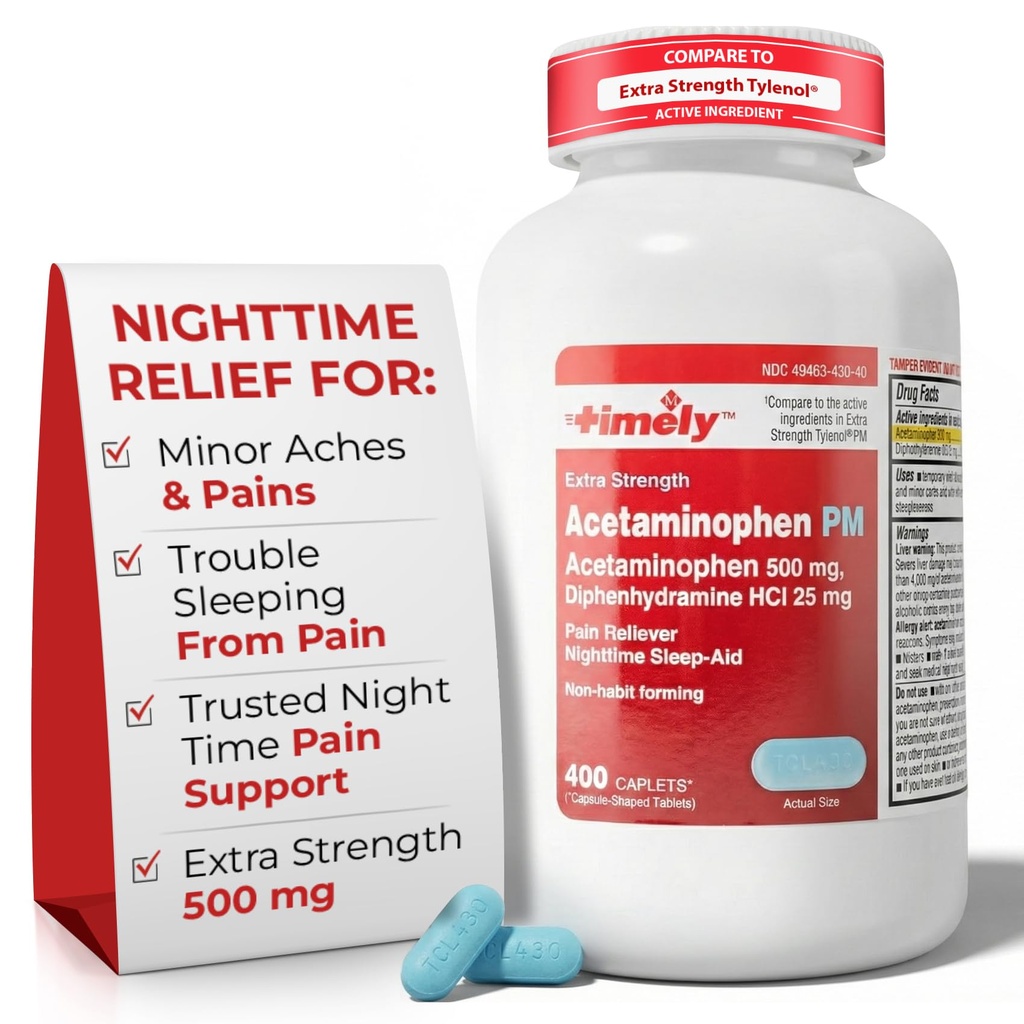 Lágrimas de hora, INC. Timely Acetaminophen PM - Extra Strength PM - 400 Cuenta - Comparado con Tylenol PM Extra Strength - Doin Relief PM for a Good Night Sleep - Made in USA