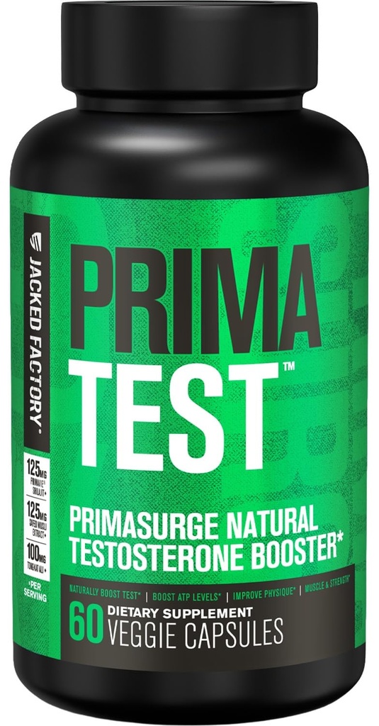 Jacked Factory Testosterone Booster for Men PRIMASURGE - w/Tongkat Ali, PrimaVie, Ashwagandha - Boost Vitality, Muscle Growth & Energy ← Natural Test Booster Supplement - 60 Veggie Pills